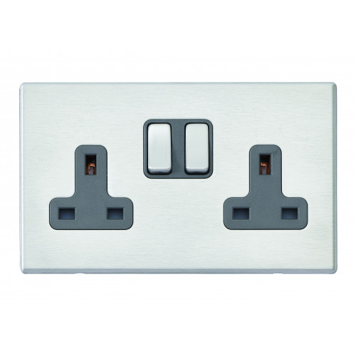 Hamilton Hartland G2 Stainless Steel 2 Gang 13A DP Switched Socket with Quartz Grey Insert 