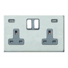 Hamilton Hartland G2 Stainless Steel 2 Gang 13A DP Switched Socket with 2x2.4A USB Outlet and Quartz Grey Insert