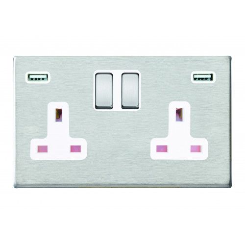 Hamilton Hartland G2 Stainless Steel 2 Gang 13A DP Switched Socket with 2x2.4A USB Outlet and white Insert 