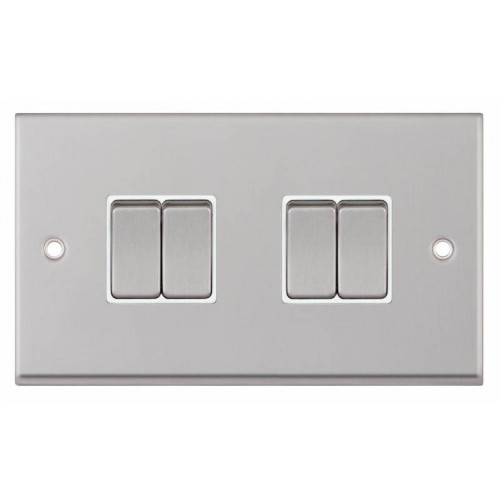 Selectric 7M-Pro Satin Chrome 4 Gang 10A 2 Way Switch with White Insert 7MPRO-104