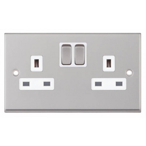 Selectric 7M-Pro Satin Chrome 2 Gang 13A Switched Socket with White Insert 7MPRO-151