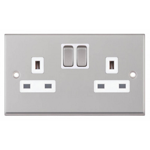 Selectric 7M-Pro Satin Chrome 2 Gang 13A Switched Socket with White Insert 7MPRO-151