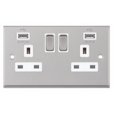 Selectric 7M-Pro Satin Chrome 2 Gang 13A Switched Socket with USB Outlet and White Insert 7MPRO-161