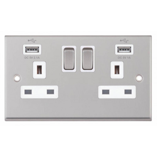 Selectric 7M-Pro Satin Chrome 2 Gang 13A Switched Socket with USB Outlet and White Insert 7MPRO-161