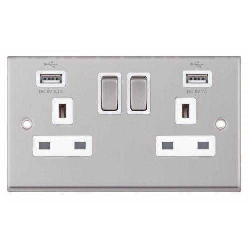 Selectric 7M-Pro Satin Chrome 2 Gang 13A Switched Socket with USB Outlet and White Insert 7MPRO-161