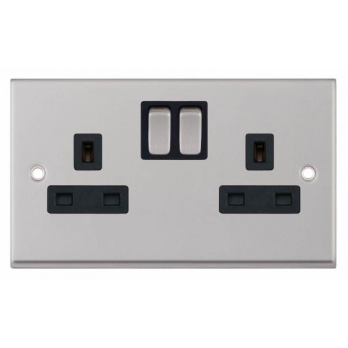 Selectric 7M-Pro Satin Chrome 2 Gang 13A Switched Socket with Black Insert 7MPRO-251