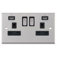 Selectric 7M-Pro Satin Chrome 2 Gang 13A Switched Socket with USB Outlet and Black Insert 7MPRO-261