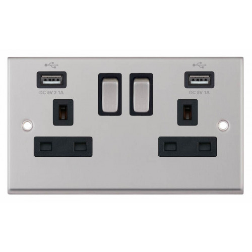 Selectric 7M-Pro Satin Chrome 2 Gang 13A Switched Socket with USB Outlet and Black Insert 7MPRO-261