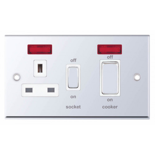 Selectric 7M-Pro Polished Chrome 45A DP Switch and 13A Switched Socket with Neon and White Insert 7MPRO-331