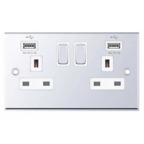 Selectric 7M-Pro Polished Chrome 2 Gang 13A Switched Socket with USB Outlet and White Insert 7MPRO-361