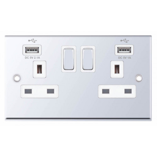 Selectric 7M-Pro Polished Chrome 2 Gang 13A Switched Socket with USB Outlet and White Insert 7MPRO-361