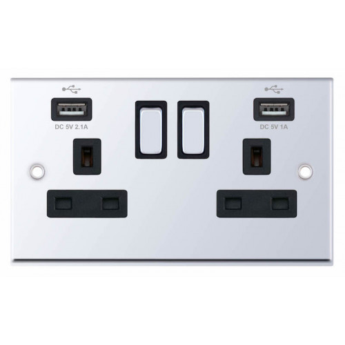 Selectric 7M-Pro Polished Chrome 2 Gang 13A Switched Socket with USB Outlet and Black Insert 7MPRO-561